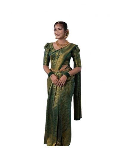 Generic Women's Soft Lichi Silk Printed Saree With Unstitched Blouse 5.5Mtr (Green)