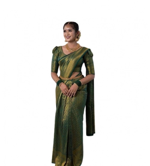 Generic Women's Soft Lichi Silk Printed Saree With Unstitched Blouse 5.5Mtr (Green)