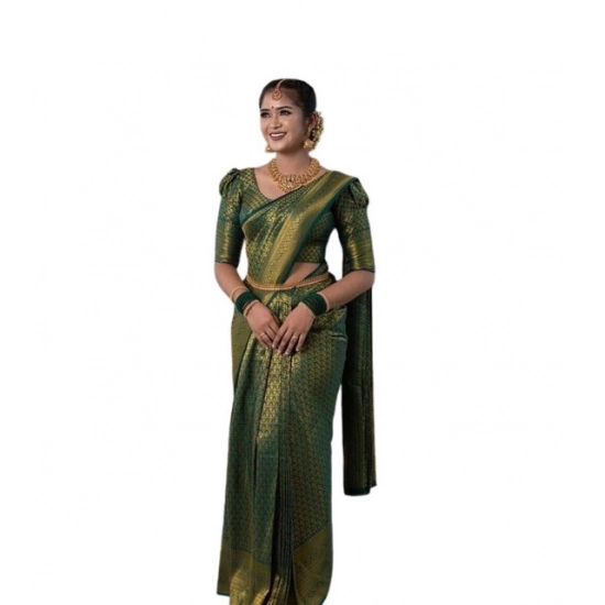 Generic Women's Soft Lichi Silk Printed Saree With Unstitched Blouse 5.5Mtr (Green)