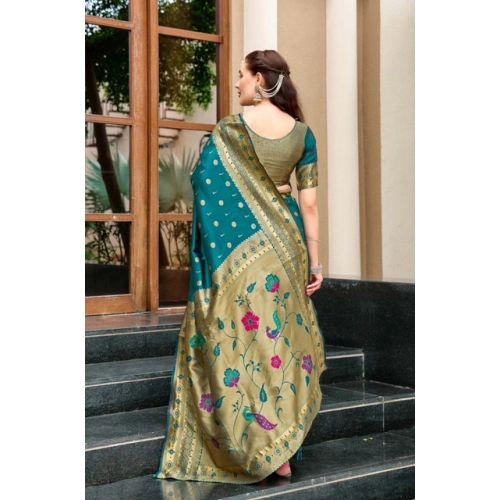 Women's Silk Blend Paithani Weaving Saree With Unstitched Blouse 5.5Mtr (Rama)