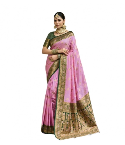 Generic Women's Silk Blend Booti Work Ready to wear Saree With Unstitched Blouse 5.5Mtr (LightPink)