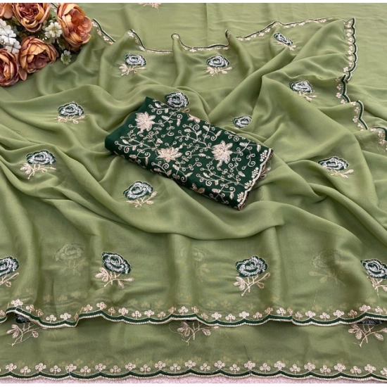 Generic Women's Star Georgette Embroidered Saree With Unstitched Blouse 5.5Mtr (Green)