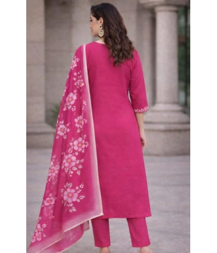Generic Women's Chanderi Silk Ethnic Motif V-Neck 3/4th Sleeve Kurti With Pant Dupatta Set (Pink)