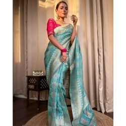 Generic Women's Soft Litchi Silk Jacquard Work Saree With Unstitched Blouse 5.5Mtr (Sky Blue)