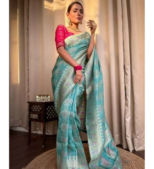 Generic Women's Soft Litchi Silk Jacquard Work Saree With Unstitched Blouse 5.5Mtr (Sky Blue)