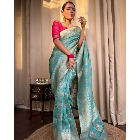 Generic Women's Soft Litchi Silk Jacquard Work Saree With Unstitched Blouse 5.5Mtr (Sky Blue) Generic Women's Soft Litchi Silk Jacquard Work Saree With Unstitched Blouse 5.5Mtr (Sky Blue)