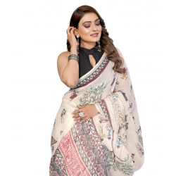 Generic Women's Linen Cotton Printed Saree With Unstitched Blouse 5.5Mtr (Off White)