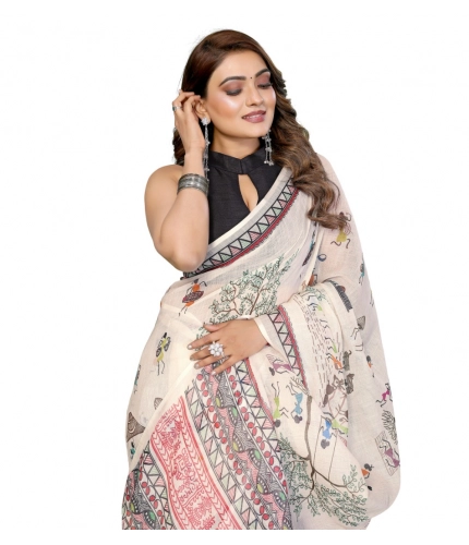 Generic Women's Linen Cotton Printed Saree With Unstitched Blouse 5.5Mtr (Off White)