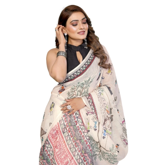 Generic Women's Linen Cotton Printed Saree With Unstitched Blouse 5.5Mtr (Off White)