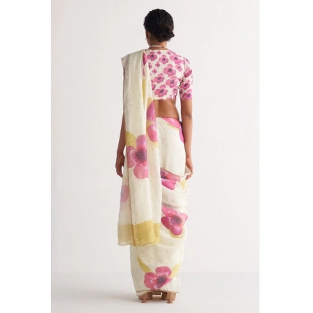 Generic Women's Linen Printed Saree With Unstitched Blouse 5.5Mtr (White)
