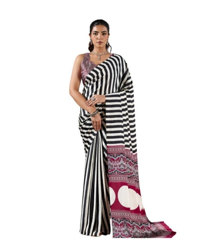 Generic Women's Satin Crepe Printed Saree With Unstitched Blouse 5.5Mtr (Black)