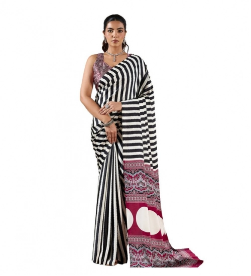 Generic Women's Satin Crepe Printed Saree With Unstitched Blouse 5.5Mtr (Black)
