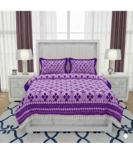 Generic Fleece Geometric Double Polar Warm Bedsheet with 2 Pillow Cover (Purple)