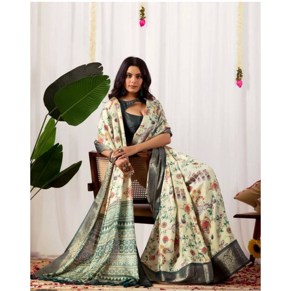 Generic Women's Faux_Silk Printed Saree With Unstitched Blouse 5.5Mtr (Off_White)