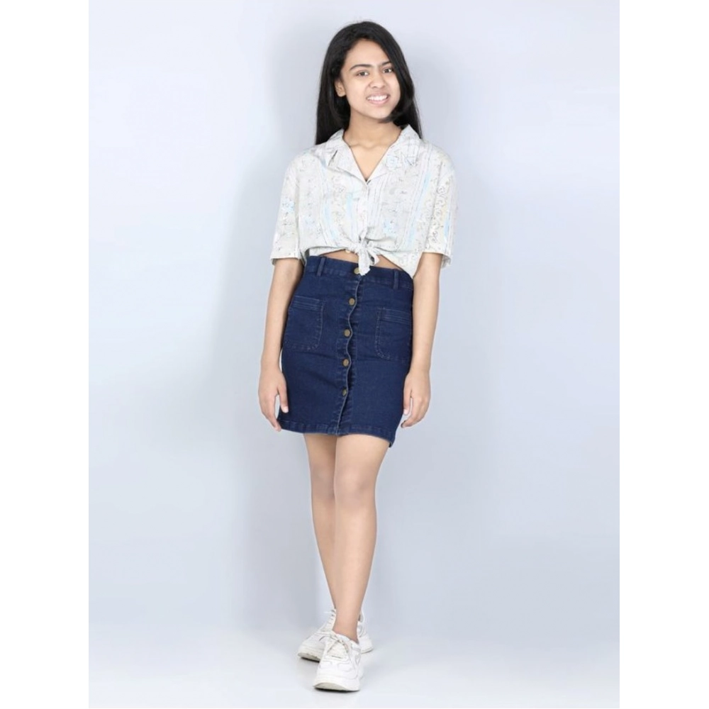 Girl's Denim Solid Buttoned Skirt (Navy Blue)