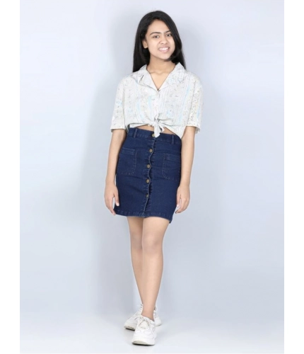 Generic Girl's Denim Solid Buttoned Skirt (Navy Blue)