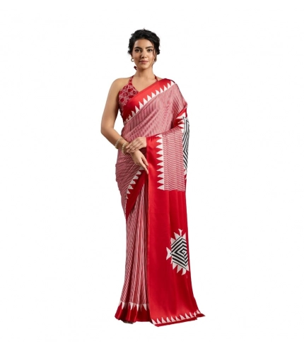 Generic Women's Satin Crepe Printed Saree With Unstitched Blouse 5.5Mtr (Red)