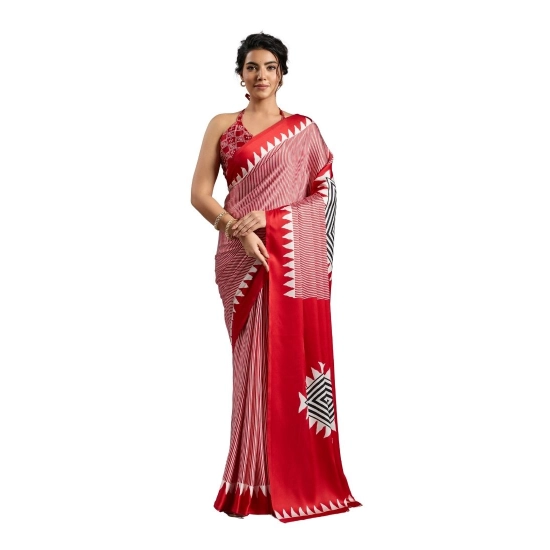 Generic Women's Satin Crepe Printed Saree With Unstitched Blouse 5.5Mtr (Red)