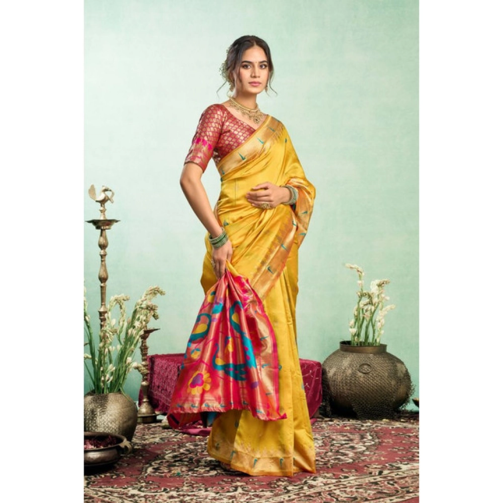 Generic Women's Silk Blend Woven Saree With Unstitched Blouse 5.5 Mtr (Mustard)