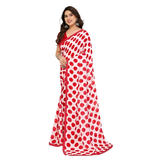 Generic Women's Georgette Printed Saree With Unstitched Blouse 5.5Mtr (Red-White)