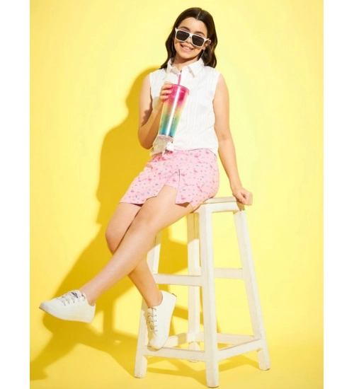 Generic Girl's Polyester Lurex Printed Sleeveless Top Set (Pink-White)