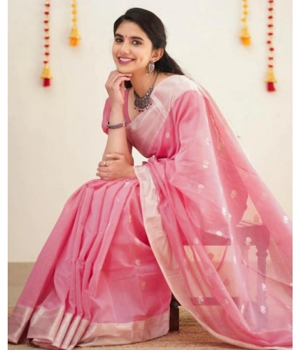 Generic Women's Soft Lichi Silk Printed Saree With Unstitched Blouse 5.5Mtr (Pink)
