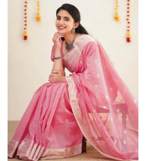 Generic Women's Soft Lichi Silk Printed Saree With Unstitched Blouse 5.5Mtr (Pink)