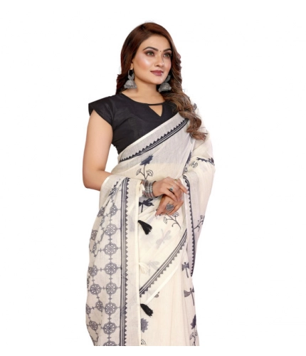 Generic Women's Linen Cotton Printed Saree With Unstitched Blouse 5.5Mtr (Off White)