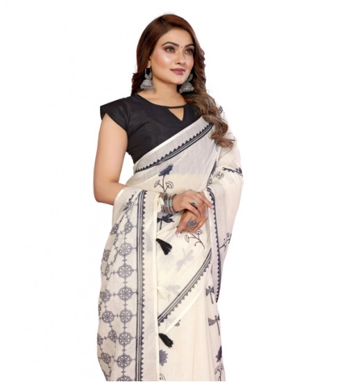 Generic Women's Linen Cotton Printed Saree With Unstitched Blouse 5.5Mtr (Off White)