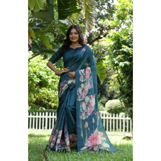 Generic Women's Faux_Tussar Floral Saree With Unstitched Blouse 5.5Mtr (Teal) Generic Women's Faux_Tussar Floral Saree With Unstitched Blouse 5.5Mtr (Teal)