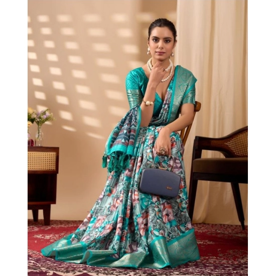Generic Women's Faux_Silk Printed Saree With Unstitched Blouse 5.5Mtr (Turquoise)