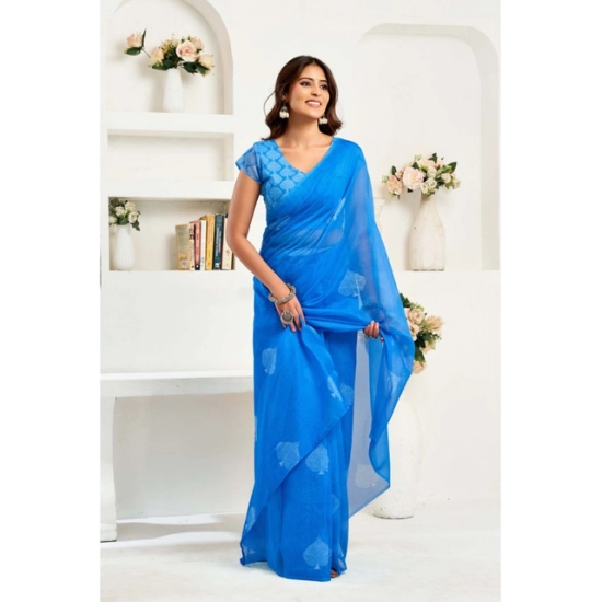 Generic Women's Linen Cotton Printed Ready To Wear Saree With Unstitched Blouse 5.5 Mtr (Royal_Blue)