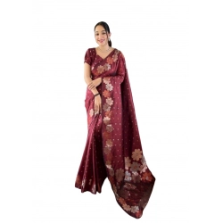 Generic Women's Soft Litchi Silk Jacquard Work Saree With Unstitched Blouse 5.5Mtr (Maroon)