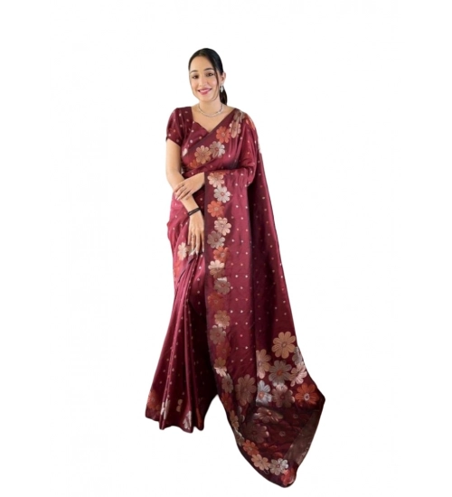 Generic Women's Soft Litchi Silk Jacquard Work Saree With Unstitched Blouse 5.5Mtr (Maroon)