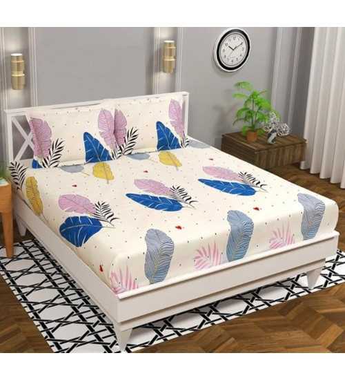 Generic Cotton Blend Floral Printed Double Bedsheet with 2 Pillow Covers (Off -White)