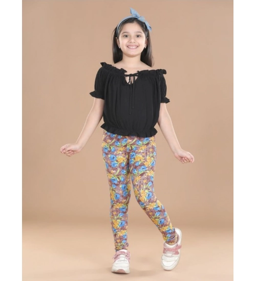 Generic Girl's Cotton Lycra Floral Elasticated Jeggings (Multicolor)