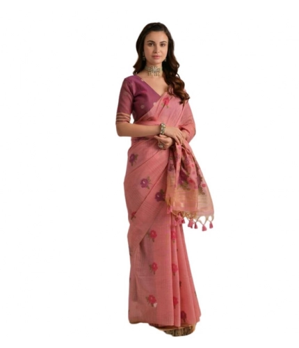 Generic Women's Blended_Cotton Floral Motifs And Woven Buttas Saree With Unstitched Blouse 5.5Mtr (Pink)