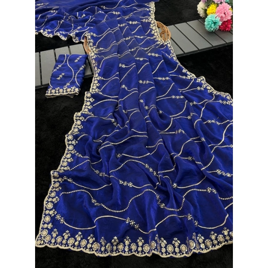 Generic Women's Slik Embellished Saree With Unstitched Blouse 5.5Mtr (Royal Blue)