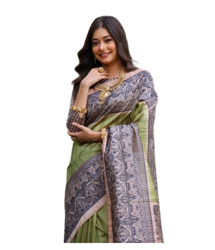 Generic Women's Faux_Tussar Ethnic_Print Saree With Unstitched Blouse 5.5Mtr (Olive)