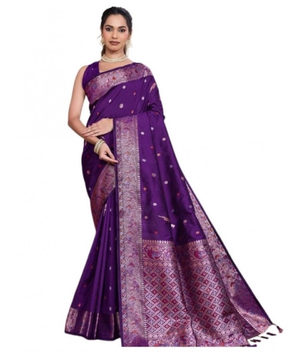 Generic Women's Jacquard Woven Saree With Unstitched Blouse 5.5Mtr (Purple)