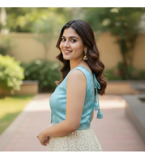 Generic Women's Zimmi Choo Sequin Work V-Neck Padded Blouse (Sky Blue 38 Ready (Self Alterable 36–40)