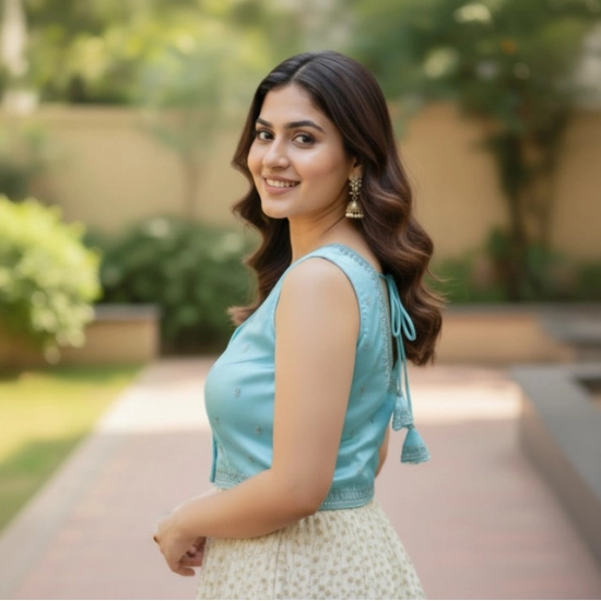 Generic Women's Zimmi Choo Sequin Work V-Neck Padded Blouse (Sky Blue 38 Ready (Self Alterable 36–40)