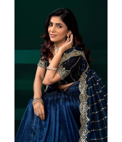 Generic Women's Net Sequence Saree With Unstitched Blouse 5.5Mtr (Blue)