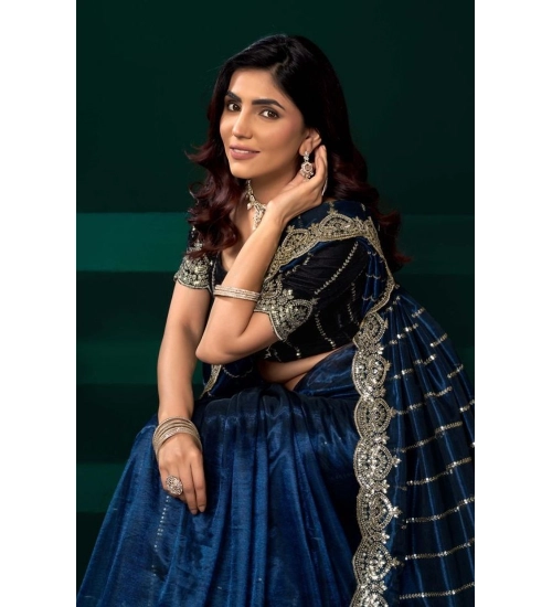 Generic Women's Net Sequence Saree With Unstitched Blouse 5.5Mtr (Blue)