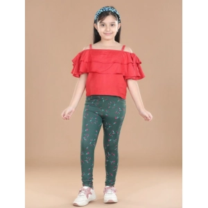 Generic Girl's Cotton Lycra Floral Elasticated Jeggings (Bottle Green)