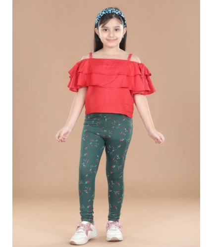 Generic Girl's Cotton Lycra Floral Elasticated Jeggings (Bottle Green)