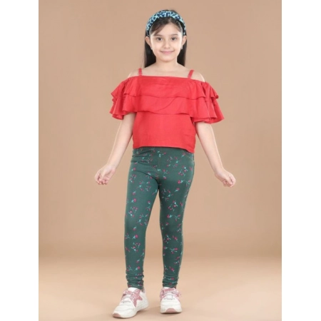 Generic Girl's Cotton Lycra Floral Elasticated Jeggings (Bottle Green)