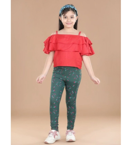 Generic Girl's Cotton Lycra Floral Elasticated Jeggings (Bottle Green)