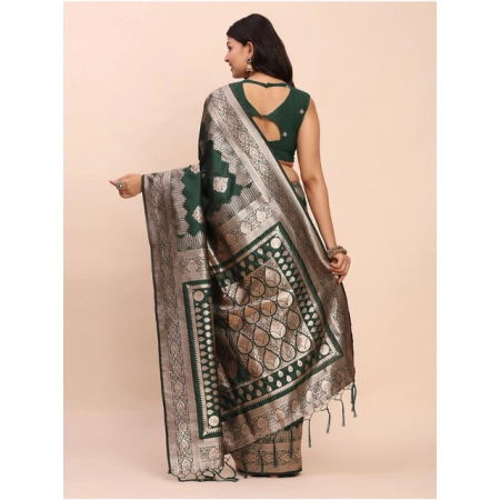Generic Women's Banarasi Silk Printed Saree With Unstitched Blouse 5.5Mtr (Green)