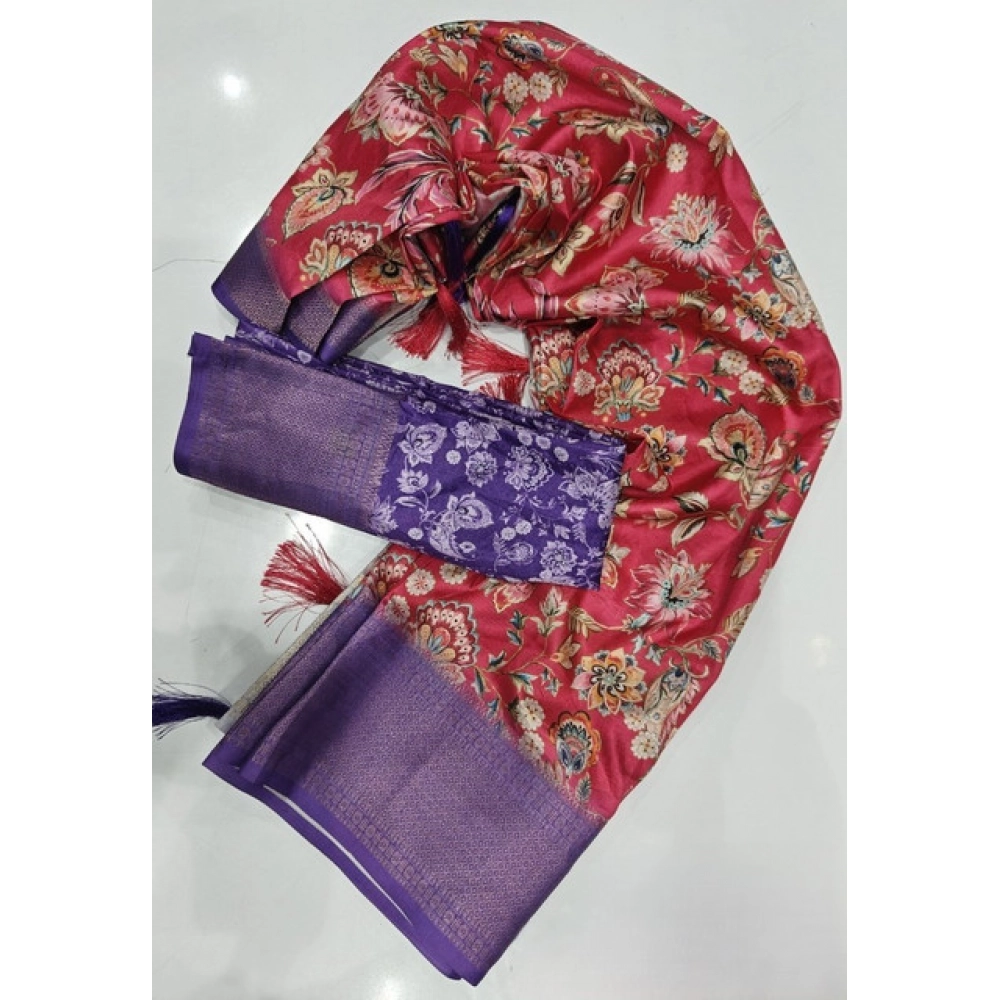 Generic Women's Cotton Silk Floral Printed Saree With Unstitched Blouse 5.5Mtr (Pink-Purple)